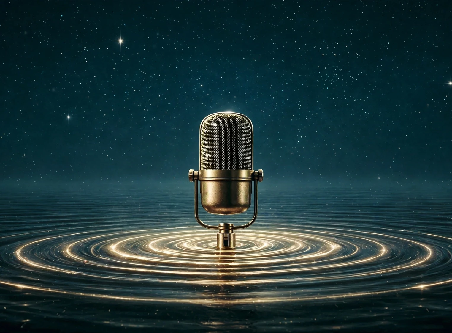 Vintage microphone rising from golden ripples on dark water under a clear starry sky